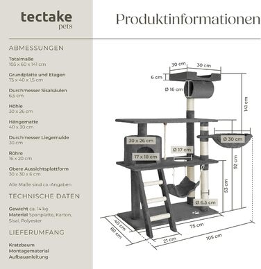 Дерево для котів Tectake з будиночком, гамаком, сходами та іграшками, 141 см, сірий