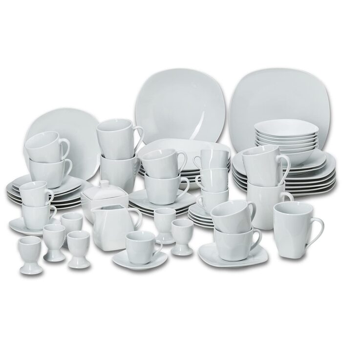 Набір посуду KHG Kombiservice 62 елементи | Білий сервіз для 6 осіб з якісного порцеляну | Класичний дизайн | З цукерницею, ложками для яєць та молочником