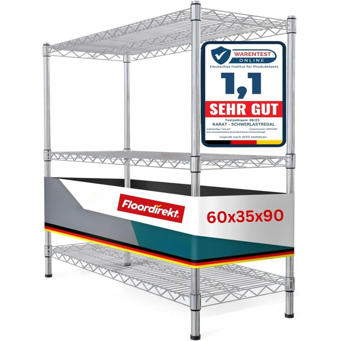 Floordirekt Kitchen Shelf, Grid Shelf, Metal Shelf | Load capacity approx. 70kg per shelf Multifunctional storage shelf, bathroom shelf, storage shelf, cellar shelf Chrome (60x35x90cm | 3 shelves) Everest