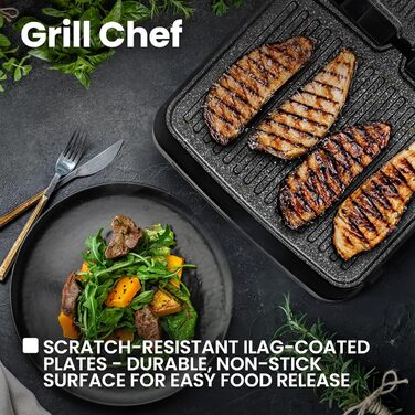 Grill Chef Electric Contact Grill and Sandwich Toaster 2100W, Removable Heating Plates, 2in1, 180° Foldable, Non-Stick Coating, Drip Tray, Acoustic Notifications (SILVER)