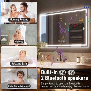 Дзеркало для ванної кімнати 50x70 см з підсвічуванням LED, антизапарююче, димування, 3 кольори світла, Bluetooth