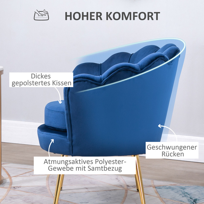 Крісло HOMCOM, крісло-пуф у формі мушлі, крісло для відпочинку з металевими ніжками, туалетне крісло з оксамитовою обшивкою, для спальні, вітальні, блакитне | Aosom