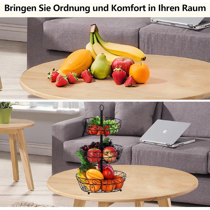 Металева етажерка для фруктів Stöckig 3 яруси - кошик для зберігання фруктів, чорний, для кухні, вітальні, офісу