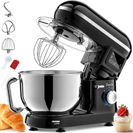 Kitchen Machine Zuccie Stand Mixer 1500W 5.5L Kitchen Machine 6 Speeds Dough Mixer with Dough Hook, Beater, Whisk and Splash Guard (Black)