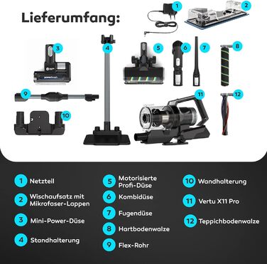 Бальтер Верту X11 PRO: Бездротовий пилосос з функцією миття підлоги, акумуляторний, 350W, до 50 хв роботи, без мішка, гнучкий з'єднувальний елемент, LED-насадка, для видалення шерсті тварин