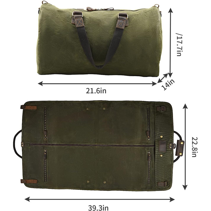 Сумка-чохол для одягу 2-в-1 Canvas Leder American Casual (Віск, Армійсько-зелений) для подорожей та бізнес-поїздок з плечовим ременем