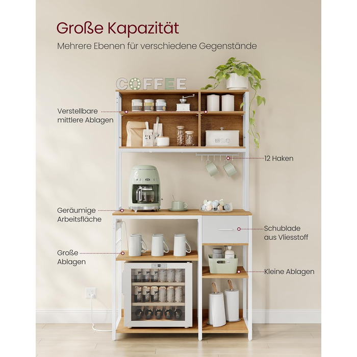 Стелаж кухонний VASAGLE з розетками, 40 x 100 x 180,4 см, 12 гачків, антрацит-чорний, з регульованими полицями та висувною шухлядою