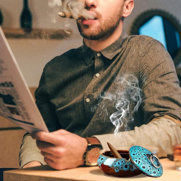 Керамічна попільничка з кришкою, попільничка для сигарет для дому та офісу (Блакитна)