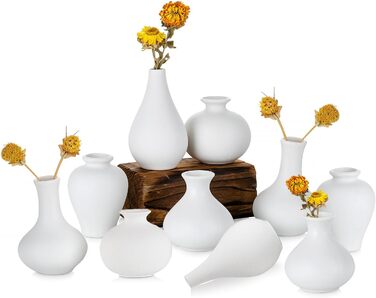 Set of 10 Small White Ceramic Vases - Mini Handmade Ceramic Flower Vases for Pampas Grass, Modern Home Decor for Living Room, Kitchen, Office & Table