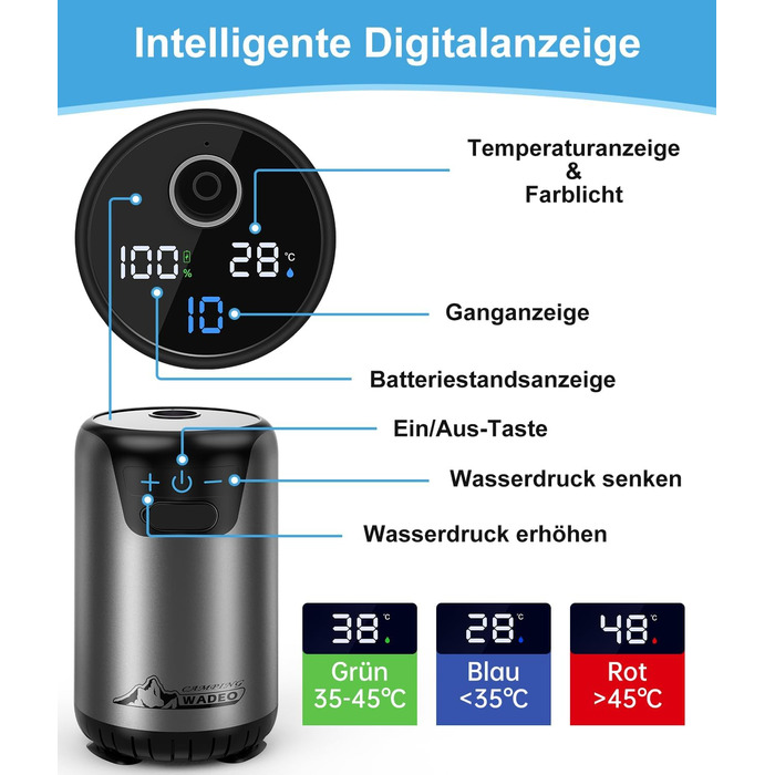 WADEO Portable Camping Shower Battery with Pump, Camping Shower with Rechargeable 6000/8000mAh Battery, Mobile Showers Outdoor Showers with Shower Head and Hose, for Camping Trips, Garden, Car Washing (Gray, 10 Galls and with Double Digital Display)