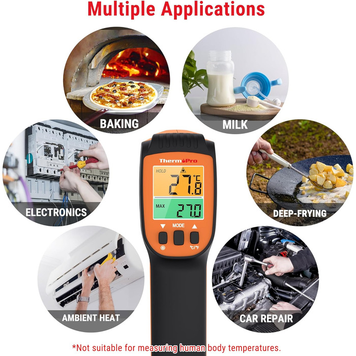 Інфрачервоний термометр ThermoPro TP30 з лазерним цільцем -50°C ~ 550°C, вимірювання MAX/MIN/AVG, для вимірювання температури поверхонь (не для вимірювання температури тіла)