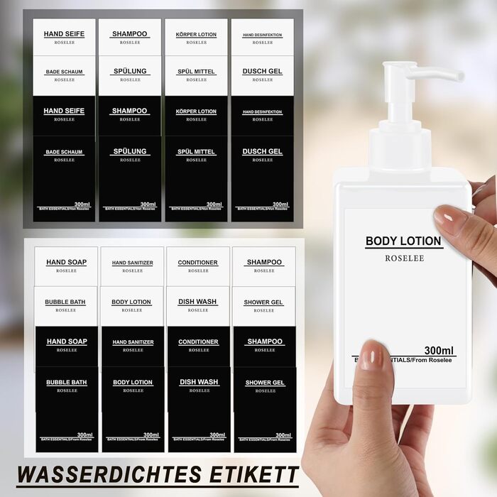 Набір з 3 дозатори для мила Roselee на стіну, без свердління, 500 мл. Дозатори для душу, шампуню та пінної ванни з етикетками для ванної кімнати та кухні (Білий)