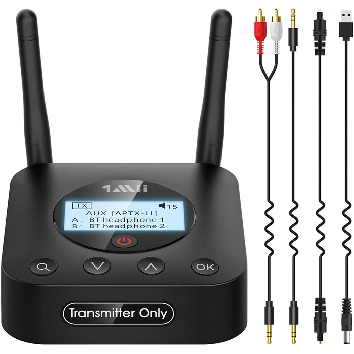 1Mii Bluetooth 5.2 Передавач для ТВ з aptX HD та низькою затримкою, велика дальність дії, аудіоадаптер для 2 навушників або динаміків, 3,5mm AUX/Оптичний/Коаксіальний вихід, регулювання гучності (B06TX+)