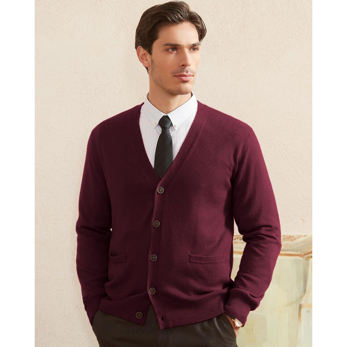 Чоловічий кардиган Kaspin з вовняної суміші, V-подібний виріз, на ґудзиках, з кишенями (Бургунді, S)