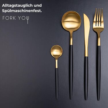 Cutlery Set Black Gold Matte (16-piece), stainless steel, tableware set for 4 people, dishwasher-safe, gift set in high-quality gift box