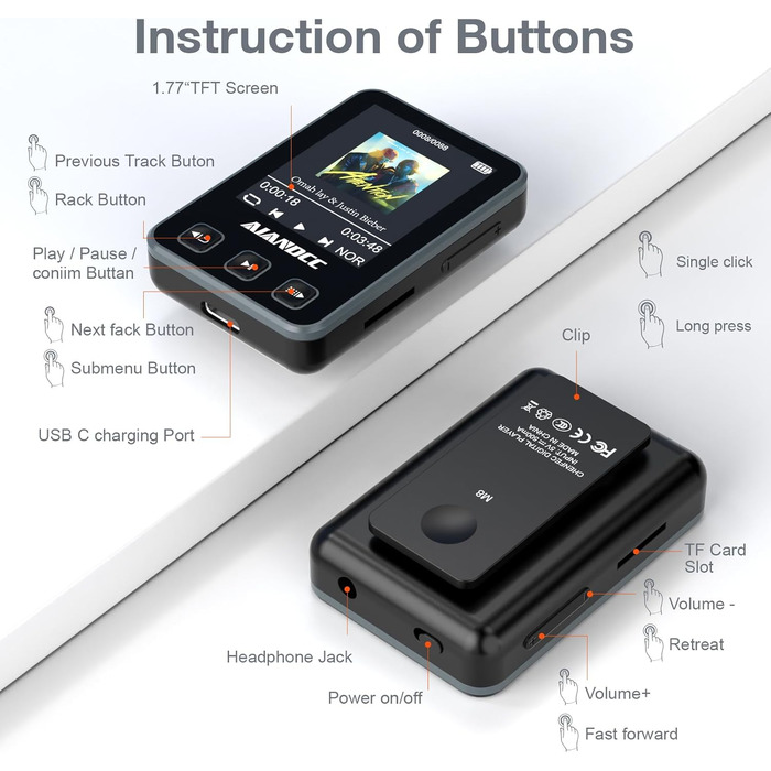 MP3-плеєр Bluetooth 5.3 зі спортивним кліпом та браслетом, 1.77