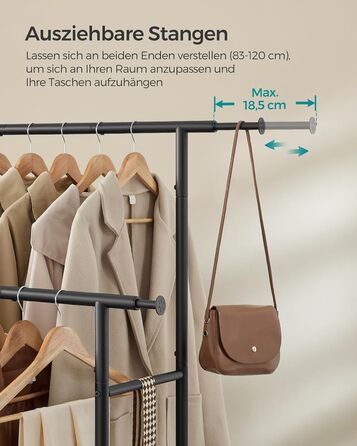 SONGMICS Clothes Rack with 2 Clothes Rods, Extendable Garment Rod, with Wheels, Coat Rack, Height Adjustable between 113 and 180 cm, Lower Rod Adjustable, LLR401R01 (Ink Black, 120D x 50W x 156H cm)