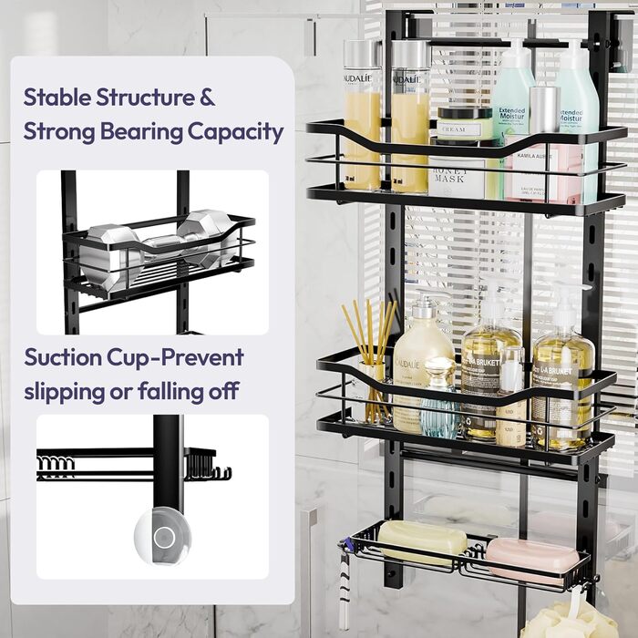 SWTYMIKI Adjustable Hanging Shower Shelf - No Drilling Shower Shelf for Glass Door, Stainless Steel Shower Shelf with Hooks and Soap Holder, Shampoo Holder for Shower, Black