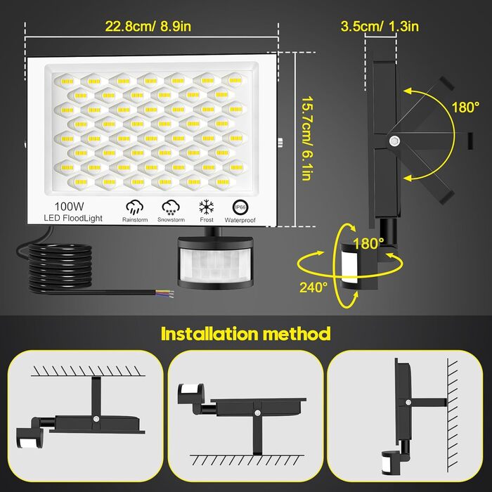 Viugreum 200W LED Floodlight with Motion Sensor 20000lm Outdoor IP66 Waterproof Spotlight 6500K Outdoor Light Cold White Floodlight Outdoor Spotlight for Garden
