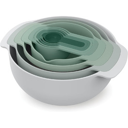 Joseph Joseph Nest 9 Plus, 9-piece compact food preparation set with mixing bowls, measuring cups, colander and sieve, Editions Range, Sage Green, Green