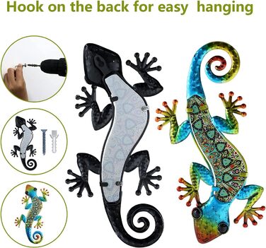 HONGLAND Metal Gecko Wall Decoration, Lizard, Garden Art, Colorful Glass Sculpture for Hanging, for Indoor and Outdoor Use, Patio, Fence (Symphony), 2 Pieces