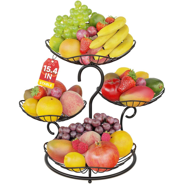 PouHenier 5-ярусна металева фруктова корзина для зберігання фруктів та овочів, чорного кольору з підставкою для бананів