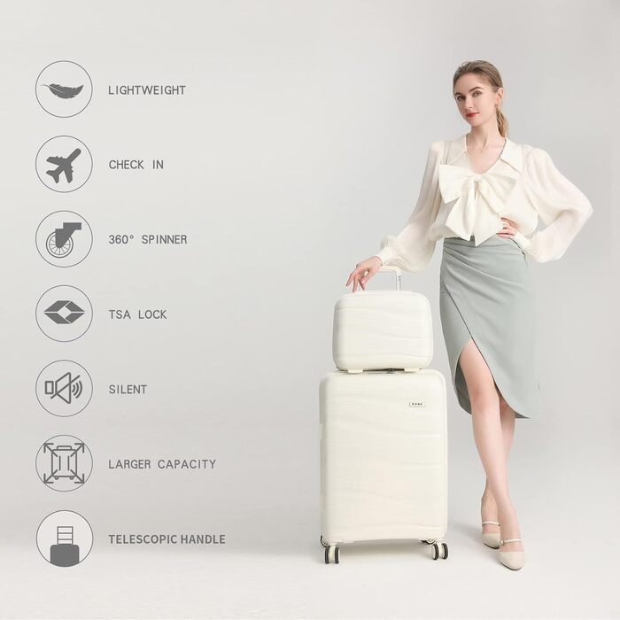 Набір валіз KONO 2 шт: ручна валіза-тележка 56 см + косметичка з поліпропілену, жорсткий корпус, 4 колеса, TSA-замок (кремово-білий)