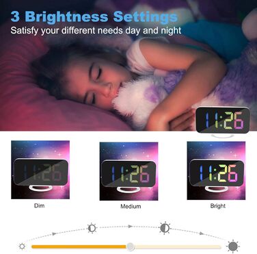 Цифровий годинник SZELAM з LED-дзеркалом 7 дюймів, 2 USB-порти, функція відкладання, автоматичне регулювання яскравості, для дому (білий)