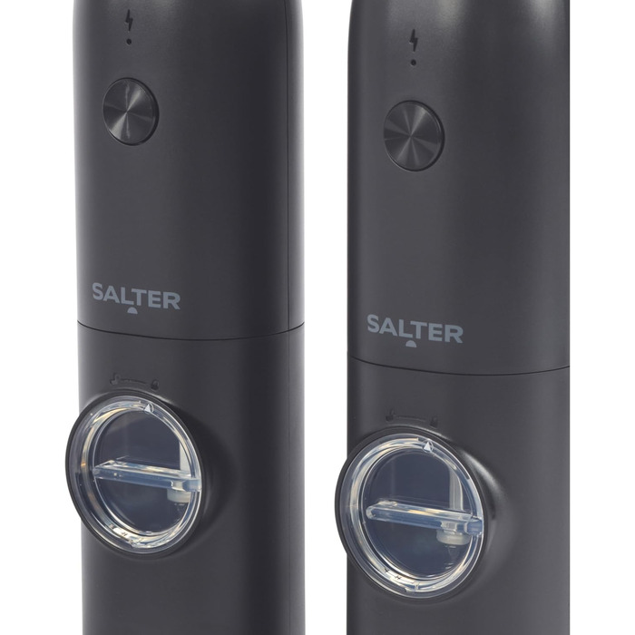 Набір електричних мельниць для солі та перцю Salter - регульований ступінь помолу, прозорі вікна, кнопка, база для зберігання, USB-кабель, керамічний механізм, підсвічувана база