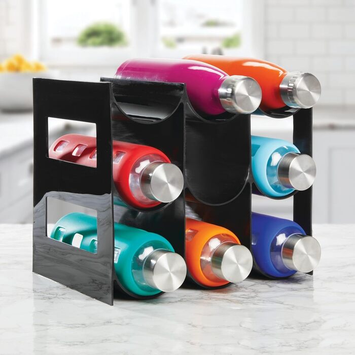 mDesign Practical Wine and Bottle Rack – Plastic Wine Rack Holds Up to 9 Bottles – Freestanding Shelf for Wine Bottles or Other Beverages – Black