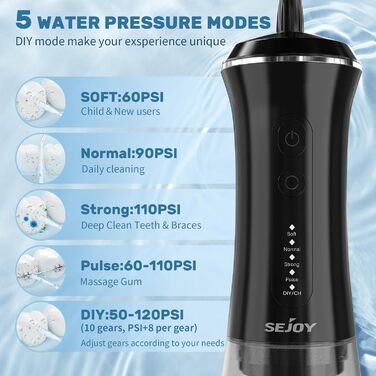 Електричний ірigator для порожнини рота Sejoy Munddusche з 5 режимами, 7 насадками, USB-C, водонепроникний IPX7, 350 мл, чорний