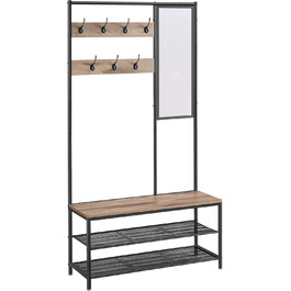 VASAGLE Coat Rack, Wardrobe, Coat Stand with Hooks, Mirror, Bench, 35 x 98 x 180 cm, for Entryway, Bedroom, Living Room, Modern, Oak-White HSR415W09 (Camel Brown + Ink Black)