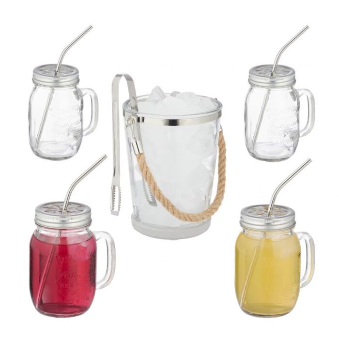 Relaxdays Set of 4 Drinking Glasses with Lids and Accessories