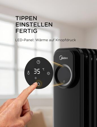 Електричний масляний радіатор Midea 2000W з 9 ребрами, термостатом та захистом від перегріву, тихий нагрівач для дому та офісу, чорний