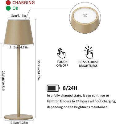 LED настільна лампа K-Bright з регулюванням яскравості, акумуляторна, бездротова, 3000K/4000K/6000K, 3 колірні температури, USB-C, IP54, вологостійка, чорна, 1 шт.