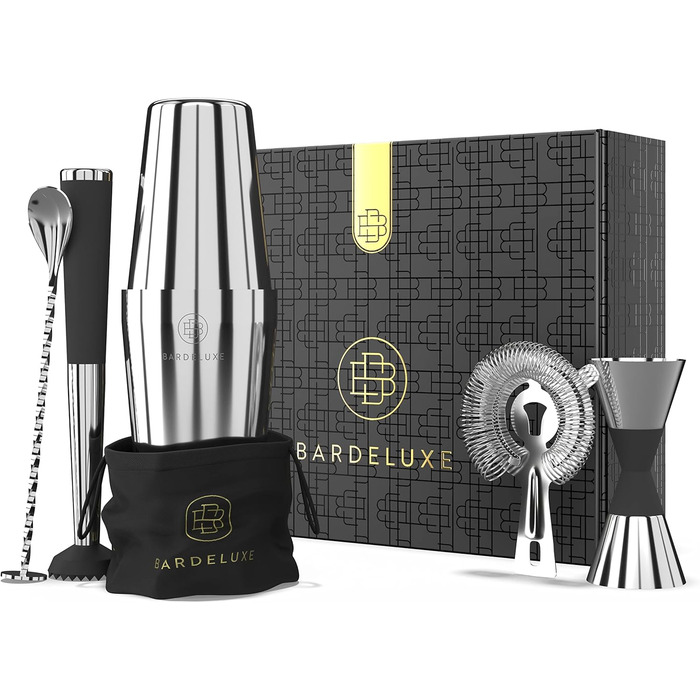 Набір бармена Boston Deluxe® 5 предметів: шейкер, аксесуари, рецепти - 750 мл, нержавіюча сталь, подарунковий