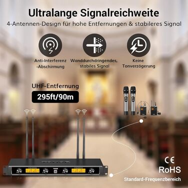 TONOR Бездротовий мікрофонний комплект UHF з 4 каналами: ручний, нагрудний, наголовний мікрофон, 90 м радіус дії, для співу, караоке, 2 ручні мікрофони та 2 нагрудні передавачі