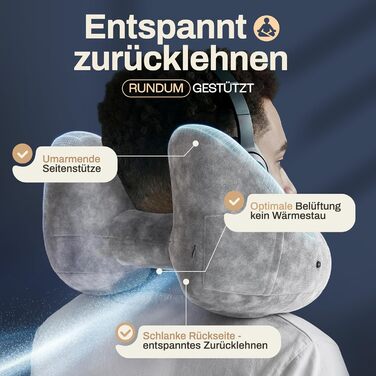 Подушка для шиї HELDENWERK® Air: 5 положень, регульований тиск, знімний капюшон | Подушка для подорожей на літаку/автомобілі, м'яка, сірого кольору, велика