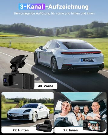 3-канальний автомобільний відеореєстратор 4K (передня, внутрішня та задня камери), кут огляду 170°/150°/150°, нічна зйомка, G-сенсор, циклічний запис, 24гд паркування, карта пам'яті 64 ГБ, чорний