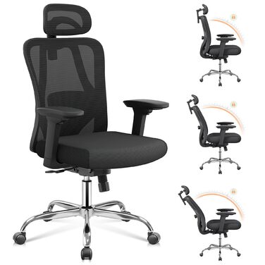 Офісне крісло Devaise: ергономічне крісло з регульованою підголівником та поперековою підтримкою, 3D-підлокітники, 3-рівневий нахил, дихаюча сітчаста тканина для дому та офісу (Чорний)