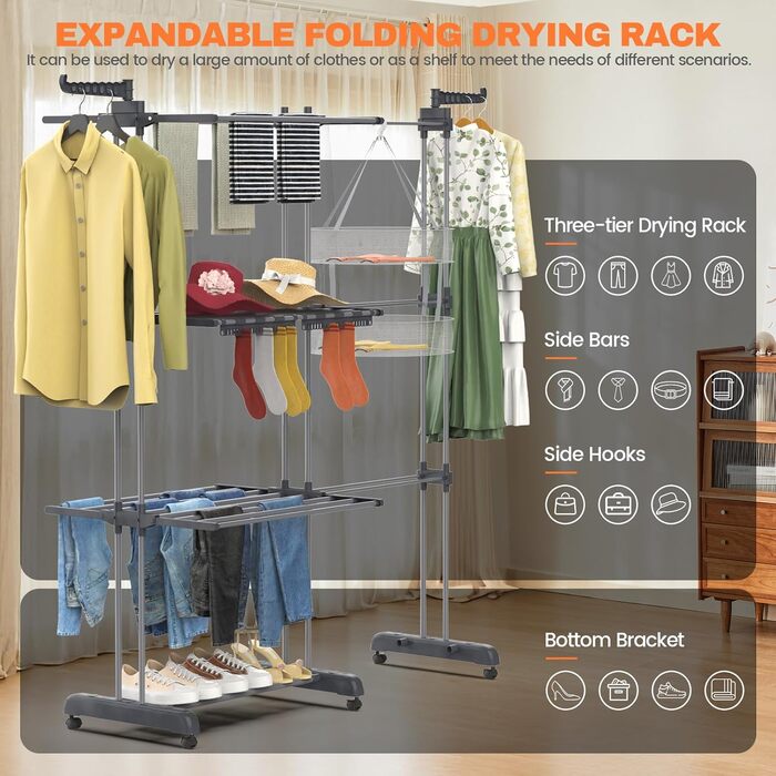 Сушарка для білизни Huracan 2в1: тур, розкладна, висувна, сіра. 3 яруси, 2 тримачі для шкарпеток та білизни.