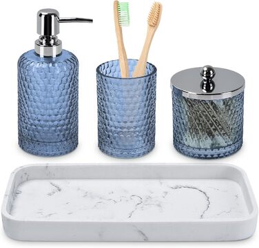 Набір аксесуарів для ванної кімнати, 4 шт., янтарне скло, органайзер для полиці, дозатор мила, тримач для зубних щіток, контейнер для ватних паличок, піднос з малюнком блакитного та білого мармуру