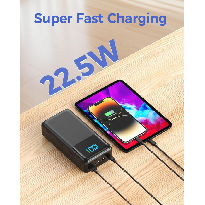 Power Bank 60000mAh з LED дисплеєм, 22.5W швидка зарядка, 4 виходи USB-C, чорний