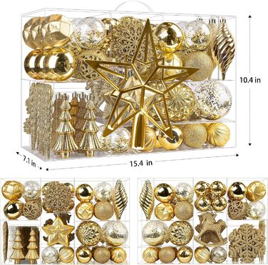 100 шт. Новорічні кулі SHareconn: набір пластикових, безпечних, різних розмірів та кольорів, для прикраси ялинки (внутрішнє та зовнішнє використання), золоті
