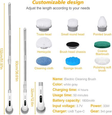 Електрична щітка для прибирання 9 в 1, 3 швидкості, регульована ручка 125 см, для ванної, кухні, плитки та авто