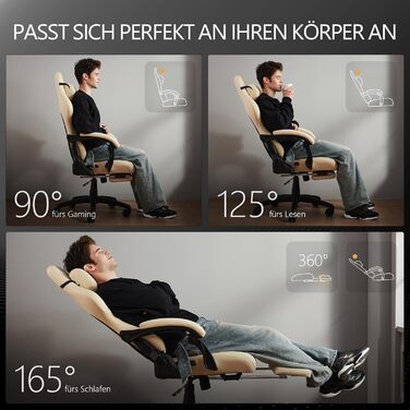 Ігровий крісло Dowinx Big and Tall з масажем попереку, підставка для ніг, ергономічне, PU шкіра, 180 кг (Бежевий)