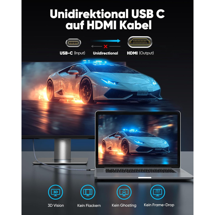 Кабель USB C на HDMI Highwings 4K@60Hz 1.8м (сірий), сумісний з iPhone, MacBook, iPad, Surface, Galaxy