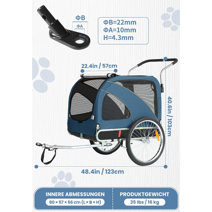 SEPNINE® Причіп для собак XL 2-в-1: велосипедний та візок для собак з відбивачами та гальмом, 600D Oxford Canvas, вантажопідйомність до 40 кг - Оранжевий (Синій)