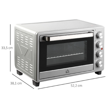 HOMCOM Mini Oven 32L, 1600W, Electric Oven with Grease/Drip Tray, Stainless Steel & Glass, Silver, 52.2x38.1x33.5cm | Aosom