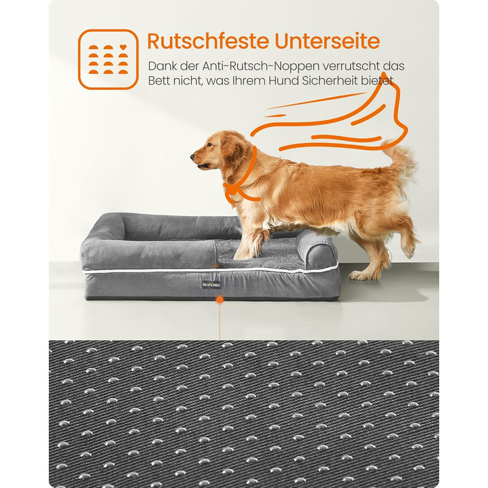 Ортопедичне ліжко для собак Feandrea, м'яке, з високими бортиками, 112x86x18 см, сірий колір, знімний чохол